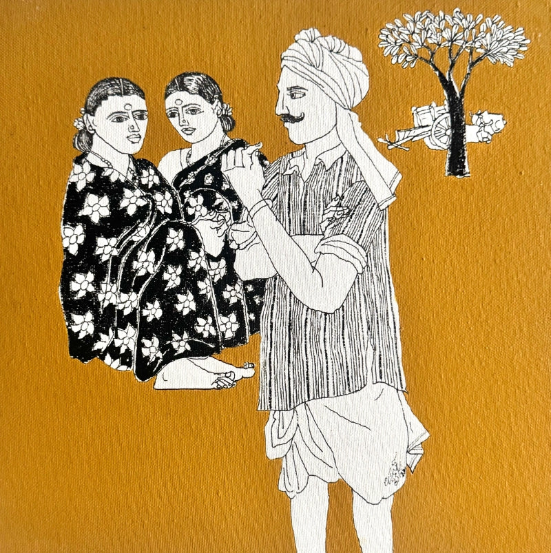 'Untitled 69' figurative acrylic painting by artist Laxman Aelay, 12x12 inch, on canvas