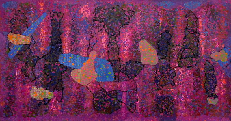 Untitled 7' abstract acrylic painting by artist Rambali Prajapati, 36x72 inch, on canvas