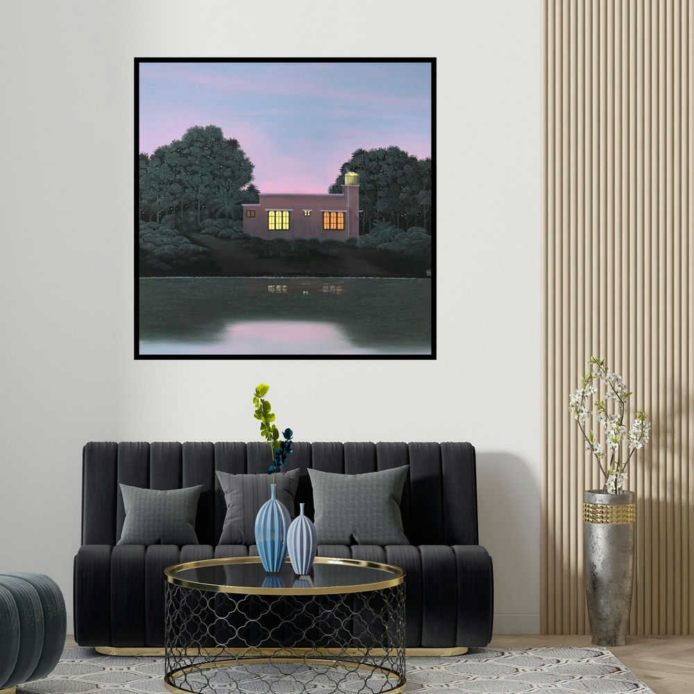 Shaji Appukuttan's 'Untitled 7' painting visualized above a sofa in a contemporary room.