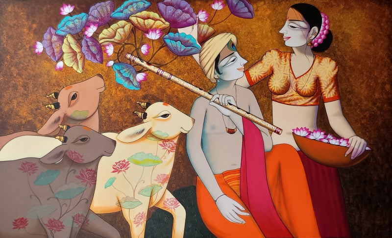 Untitled 7' figurative acrylic painting by artist Pravin Utge, 36x60 inch, on canvas