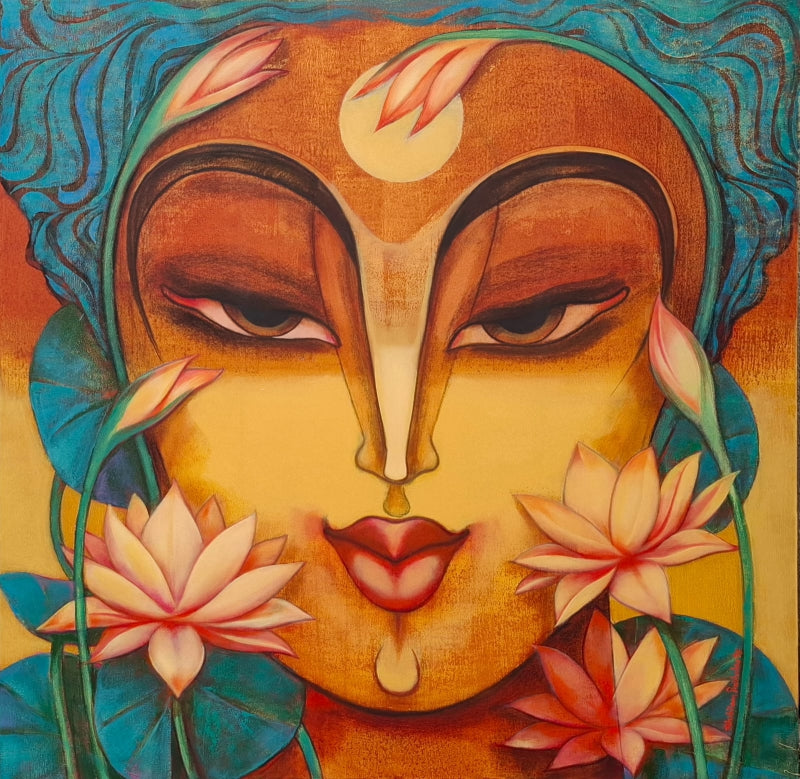 Untitled 7' figurative acrylic painting by artist Prabhakar Ahobilam, 48x48 inch, on canvas