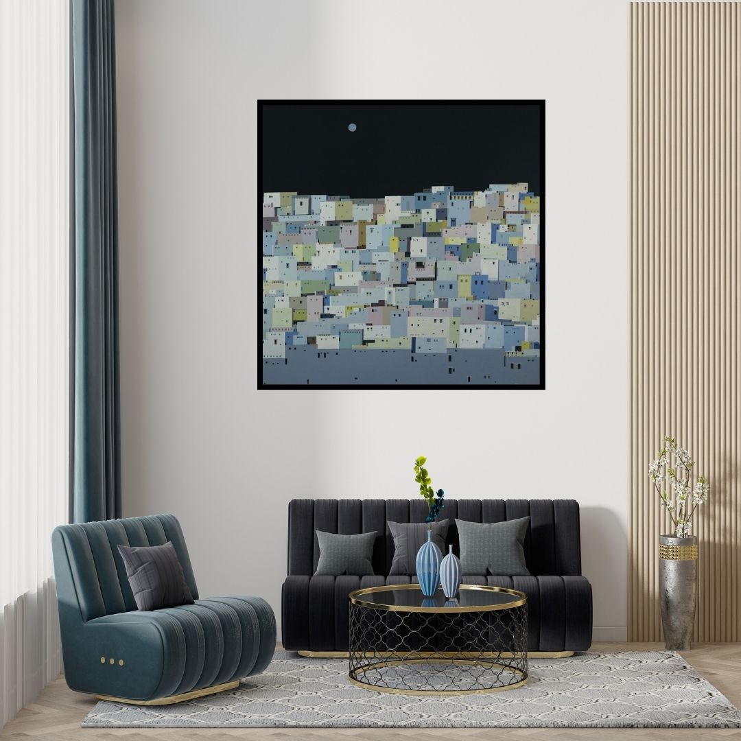 Preview of 'Untitled 7' Painting by Madan Pawar shown on a wall in a furnished room.