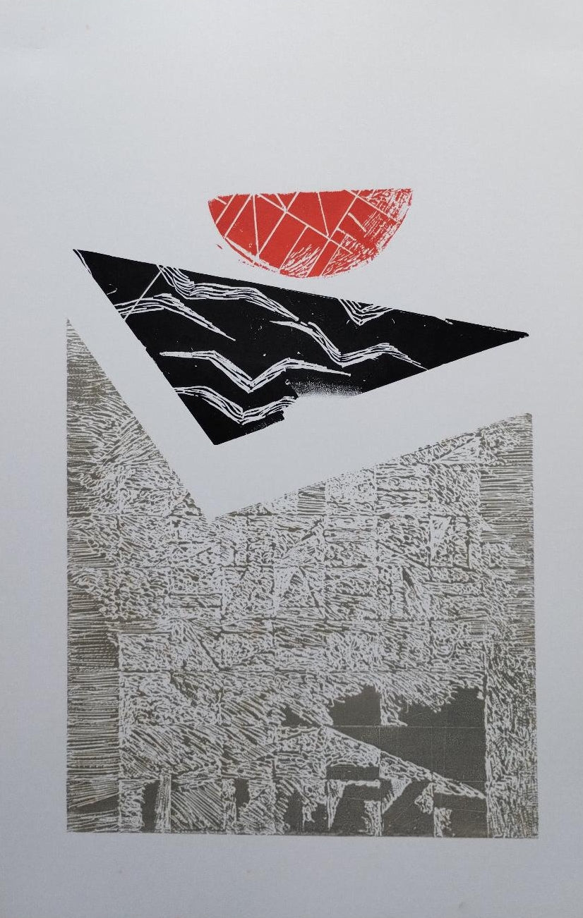 'Untitled 7' abstract wood cut printmaking by artist Shirish Mitbawkar, 17x12 inch, on paper