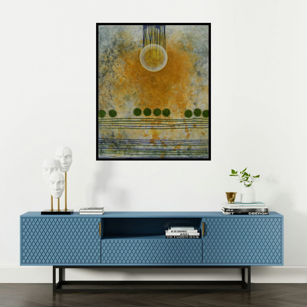 Anamika Kuchan's 'Untitled 7 (Cosmic Harmony)' painting visualized above a sofa in a contemporary room.