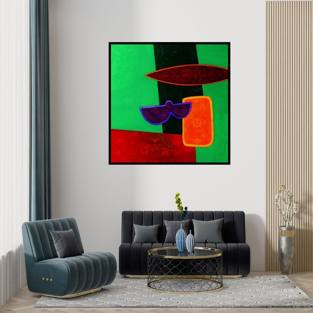 Preview of 'Untitled 7 (Emerald Flight: An Abstract Composition)' Painting by Bhushan Vaidhya shown on a wall in a furnished room.