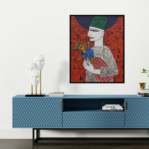 'Untitled 7 (The Puppet Master)' painting by Biswajit Mondal shown on a wall in a furnished room.