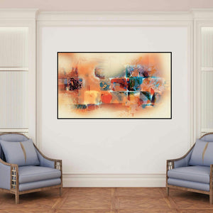 'Untitled 7 (Urban Collage)' painting by Sunil Balkawade shown on a wall in a furnished room.