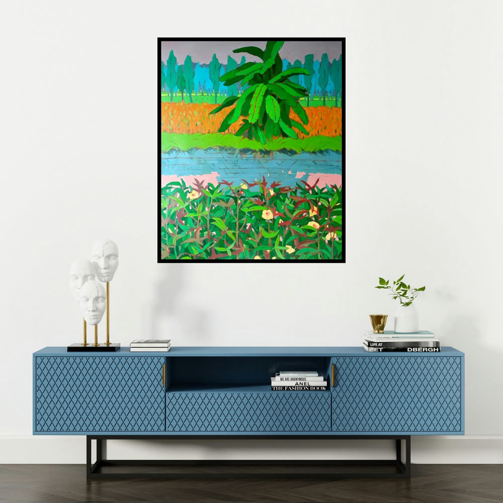 Sujit Das's 'Untitled 7 (Tropical Abundance)' painting visualized above a sofa in a contemporary room.