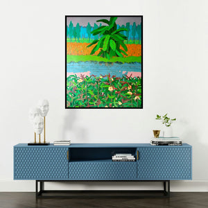 Sujit Das's 'Untitled 7 (Tropical Abundance)' painting visualized above a sofa in a contemporary room.