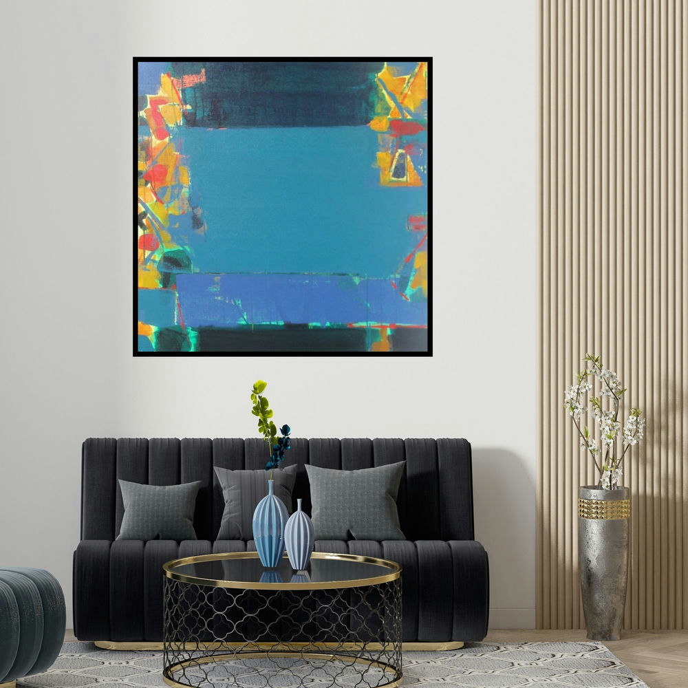 Ravindra Pawar's 'Untitled 7 (Blue Repose)' painting visualized above a sofa in a contemporary room.