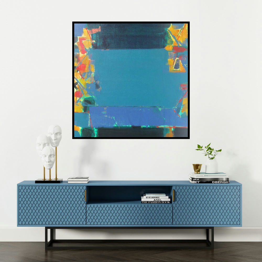 'Untitled 7 (Blue Repose)' painting by Ravindra Pawar shown on a wall in a furnished room.