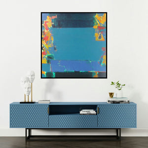 'Untitled 7 (Blue Repose)' painting by Ravindra Pawar shown on a wall in a furnished room.