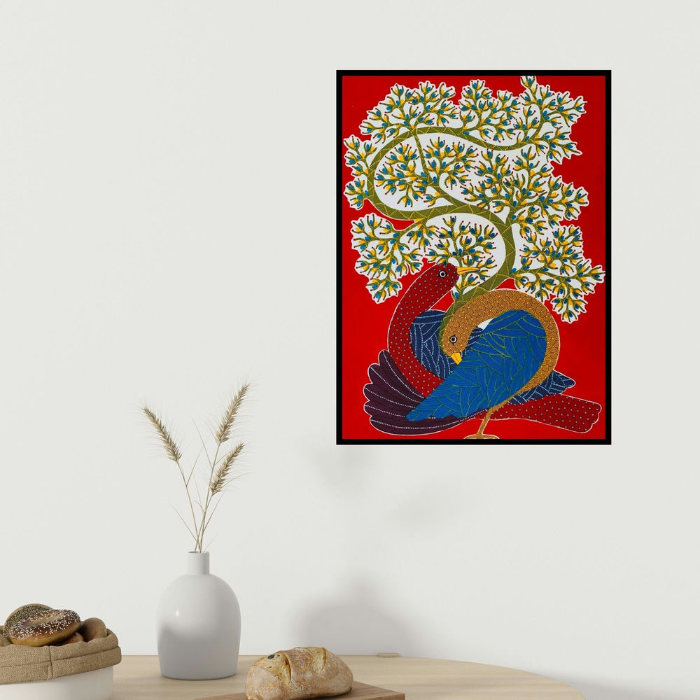 Venkat Shyam's 'Untitled 7 (Love's Nest)' painting visualized above a sofa in a contemporary room.