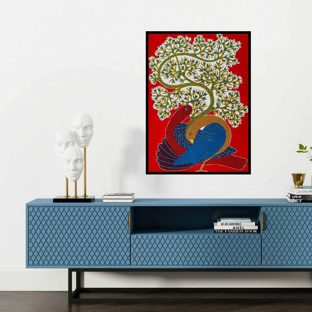 'Untitled 7 (Love's Nest)' painting by Venkat Shyam shown on a wall in a furnished room.