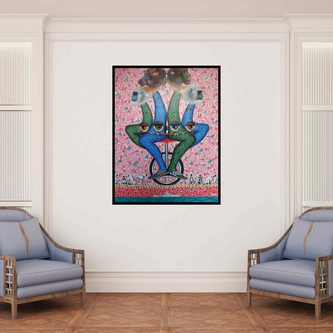 In-situ view of Arvind Dubey's 'Untitled 7 (Monkey Business)' painting in a room