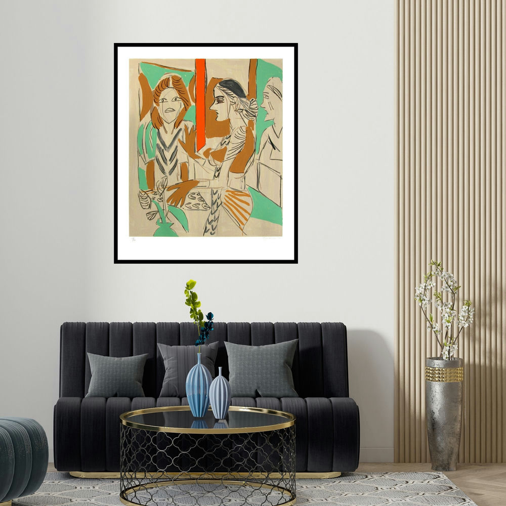 'Untitled 7 (Three Figures)' painting by K G Subramanyan shown on a wall in a furnished room.