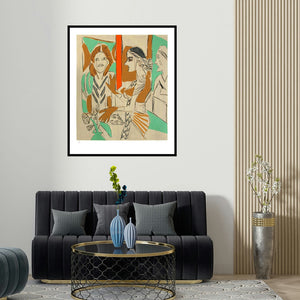 'Untitled 7 (Three Figures)' painting by K G Subramanyan shown on a wall in a furnished room.
