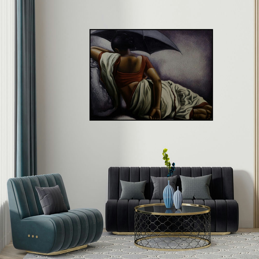 'Untitled 7' painting by Arya Chowdhury shown on a wall in a furnished room.