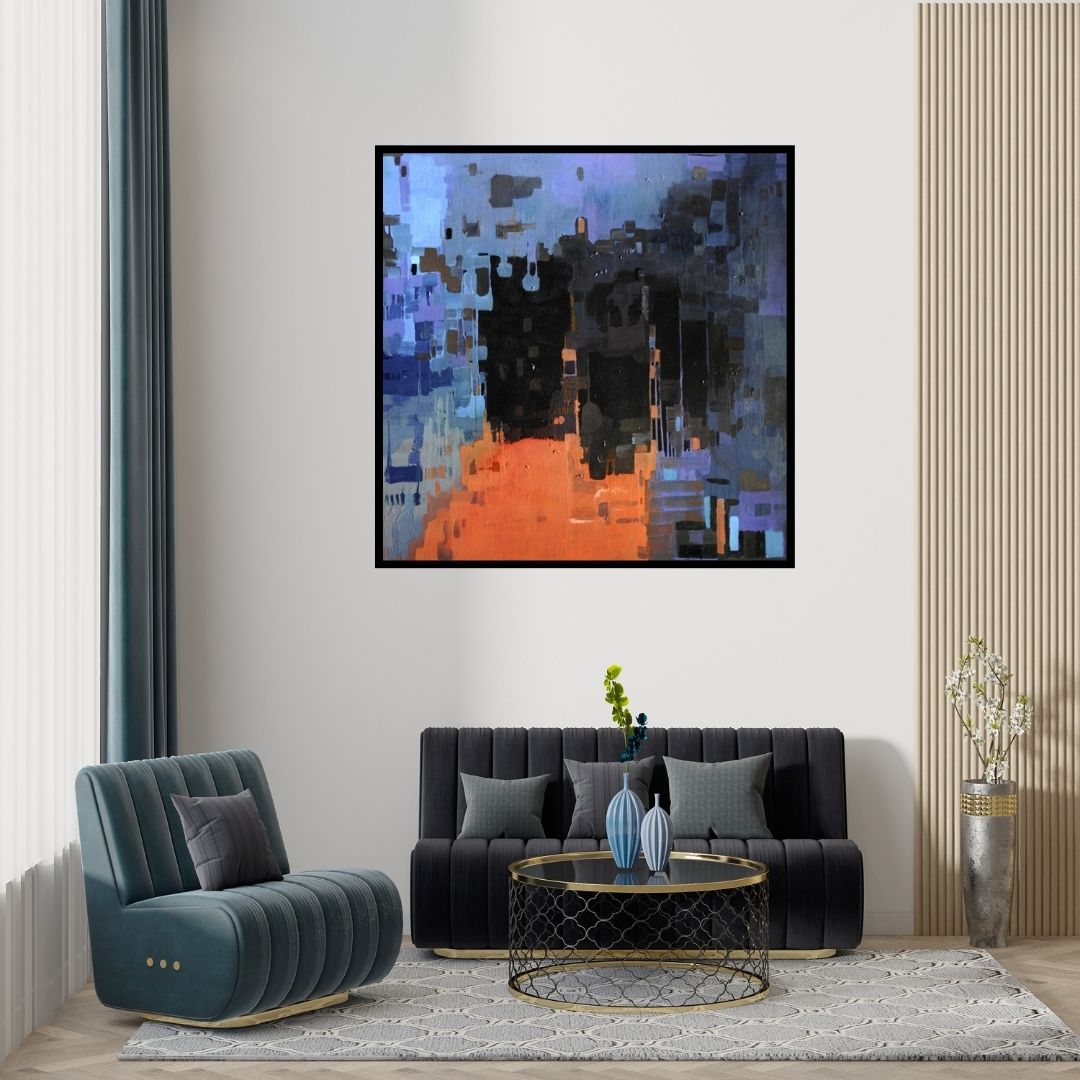 Preview of 'Untitled 7 (Urban Tapestry)' Painting by Vikas Malhara shown on a wall in a furnished room.