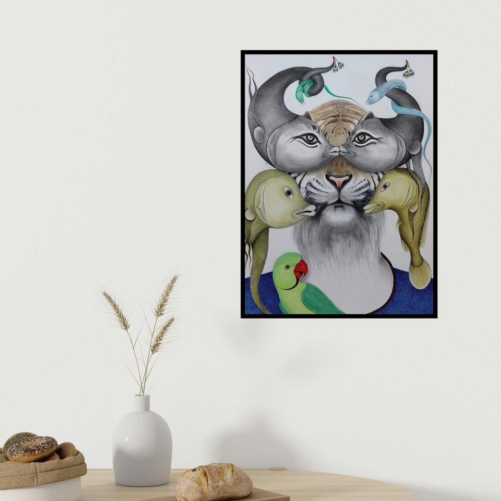 Rajesh Salagaonkar's 'Untitled 7 (Tiger in the Center)' painting visualized above a sofa in a contemporary room.