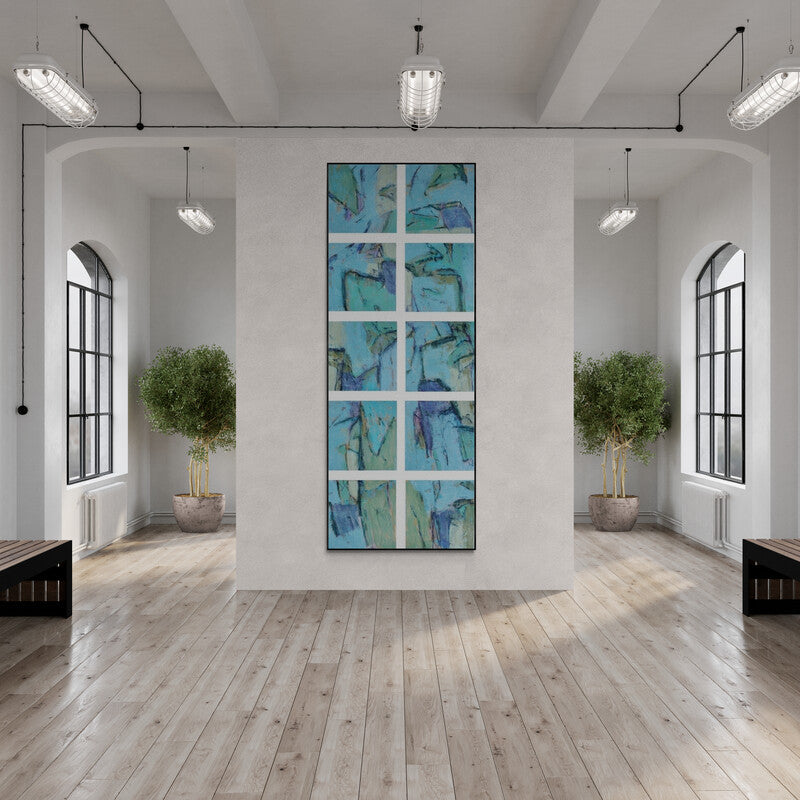 Anuja Paturkar's painting 'Untitled 70 (A Visual Symphony)' displayed in a modern living room setting