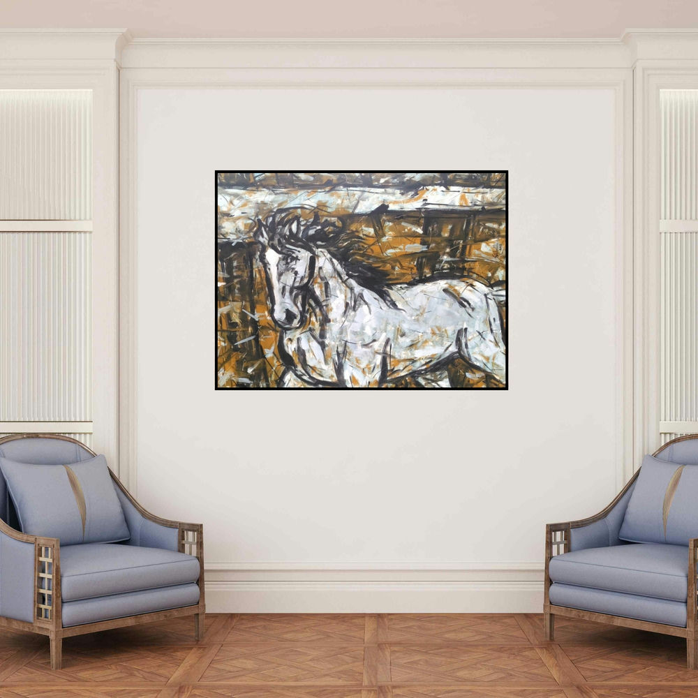 'Untitled 71 (The Gallop)' painting by Santosh Patil shown on a wall in a furnished room.