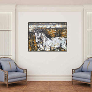 'Untitled 71 (The Gallop)' painting by Santosh Patil shown on a wall in a furnished room.
