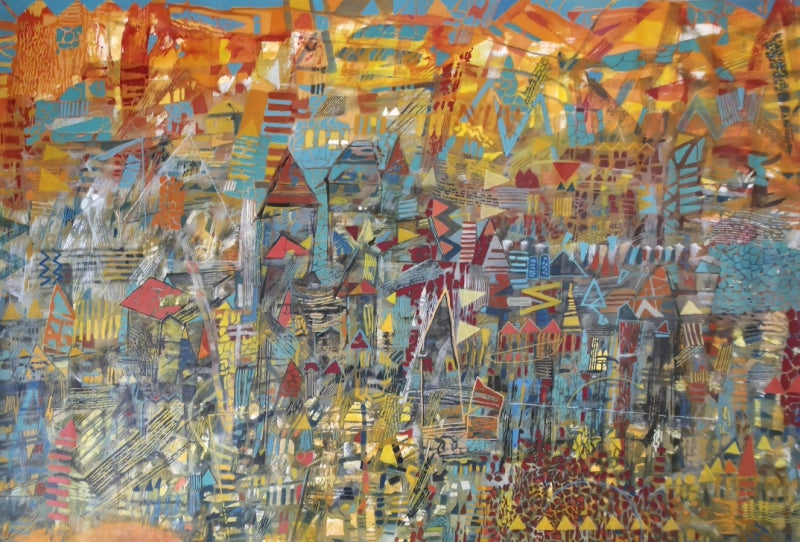Untitled 71' abstract acrylic painting by artist Srj Surajit Chakraborty, 39x59 inch, on canvas
