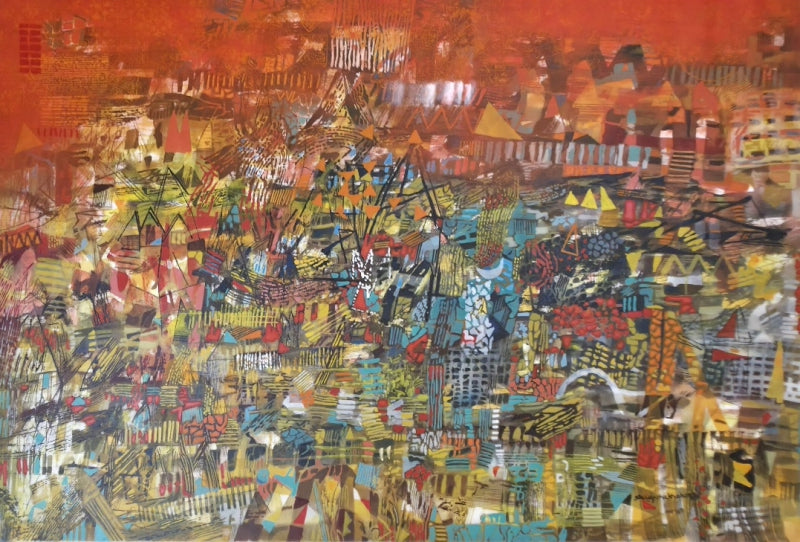 Untitled 73' abstract acrylic painting by artist Srj Surajit Chakraborty, 39x59 inch, on canvas