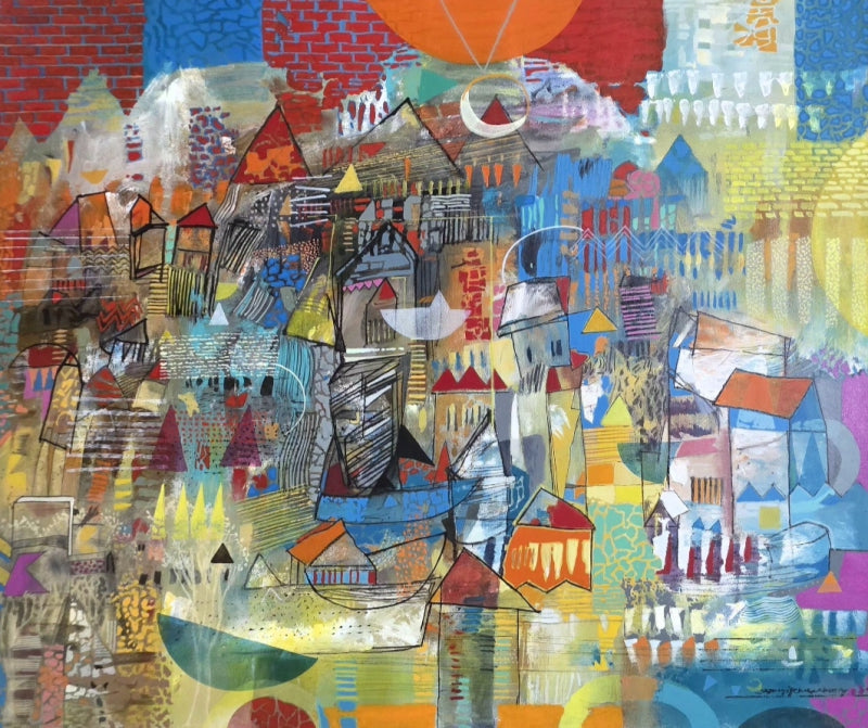 Untitled 74' abstract acrylic painting by artist Srj Surajit Chakraborty, 33x40 inch, on canvas
