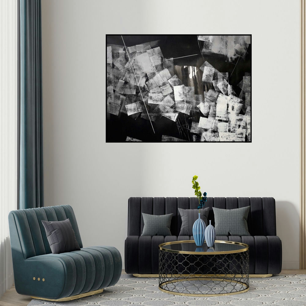 Sudhir Talmale's 'Untitled 75' painting visualized above a sofa in a contemporary room.