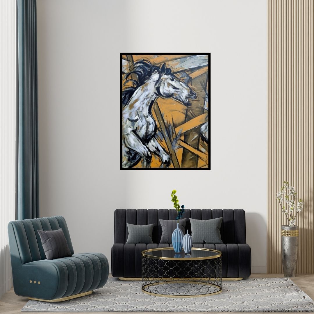 Preview of 'Untitled 76 (Leap of Freedom)' Painting by Santosh Patil shown on a wall in a furnished room.