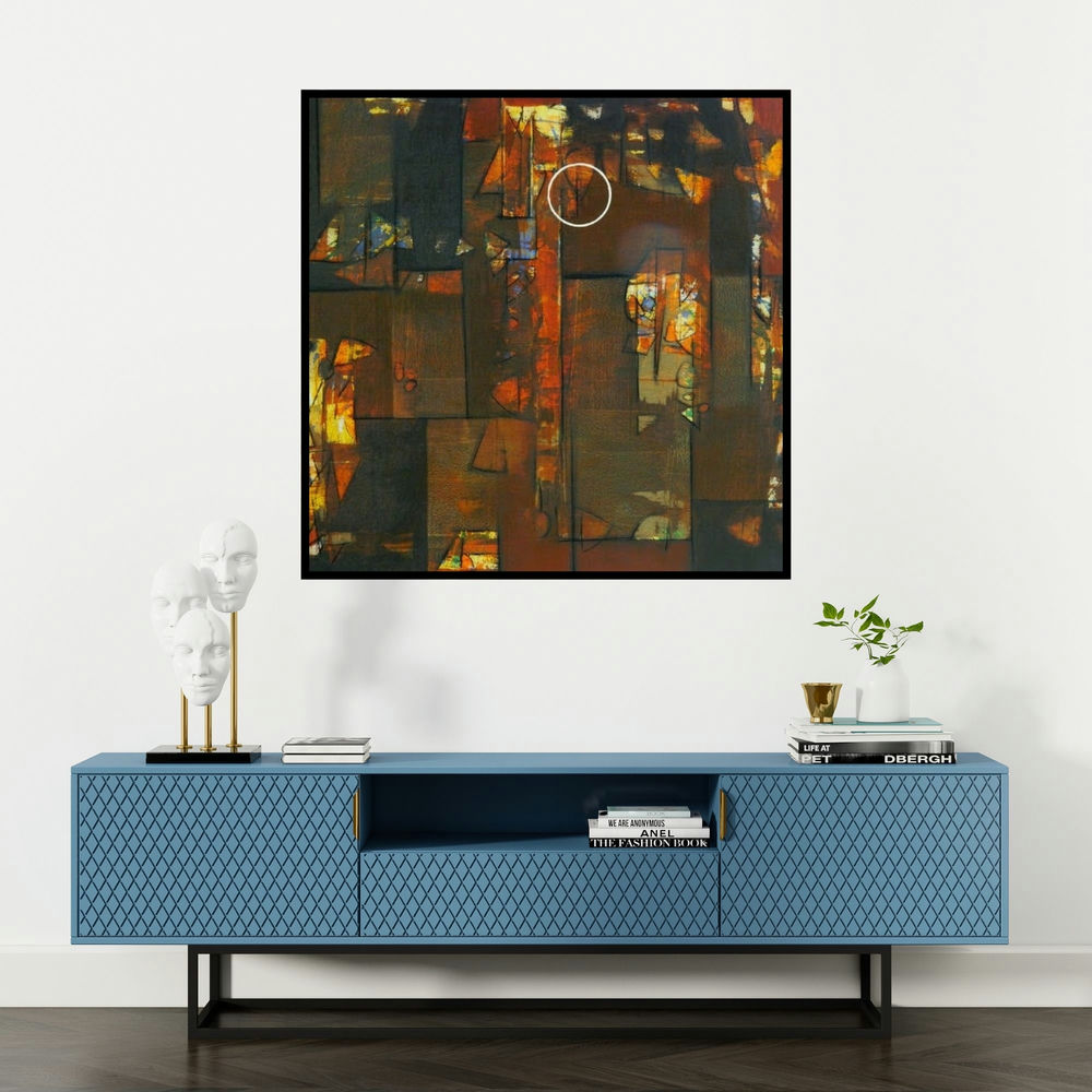 'Untitled 8 (Abstract in Brown)' painting by Stalin Joseph shown on a wall in a furnished room.