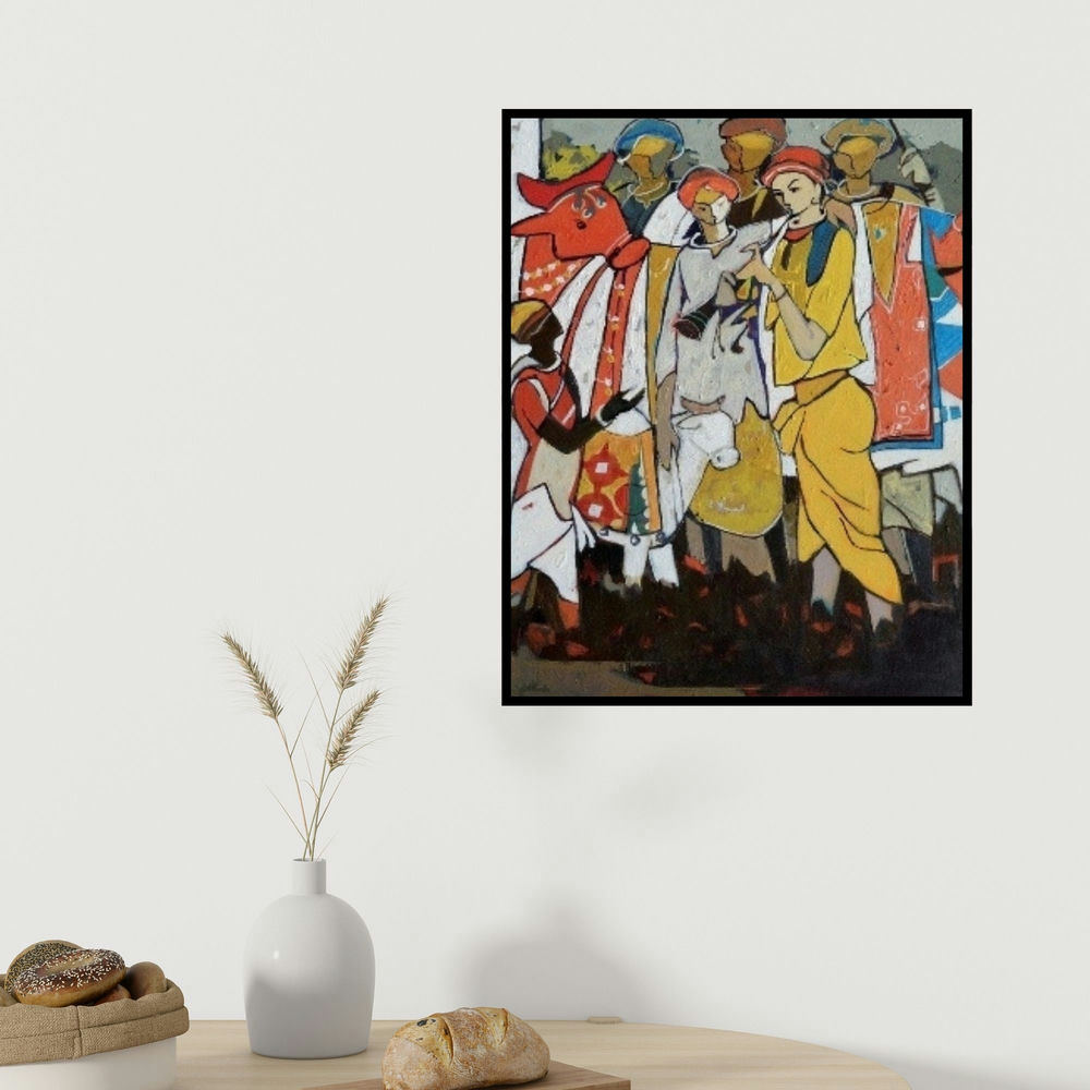 Sanjiv Sankpal's 'Untitled 8 (Village Celebration)' painting visualized above a sofa in a contemporary room.