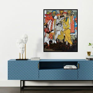 'Untitled 8 (Village Celebration)' painting by Sanjiv Sankpal shown on a wall in a furnished room.