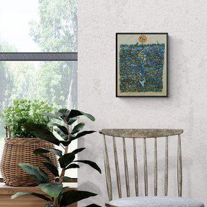 Preview of 'Untitled 8 (Abstract Spiritual)' Painting by Kuldeep Karagaonkar shown on a wall in a furnished room.