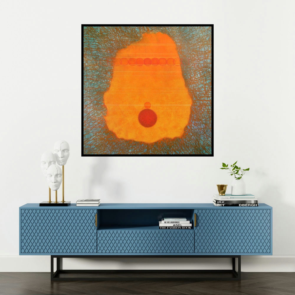 'Untitled 8 (Cosmic Seed)' painting by Anamika Kuchan shown on a wall in a furnished room.