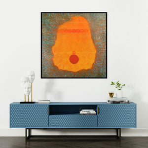 'Untitled 8 (Cosmic Seed)' painting by Anamika Kuchan shown on a wall in a furnished room.