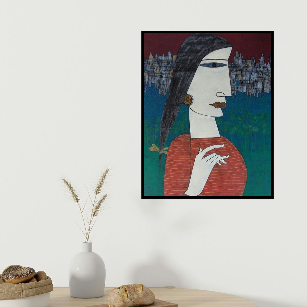 Biswajit Mondal's 'Untitled 8 (Portrait of Introspection)' painting visualized above a sofa in a contemporary room.