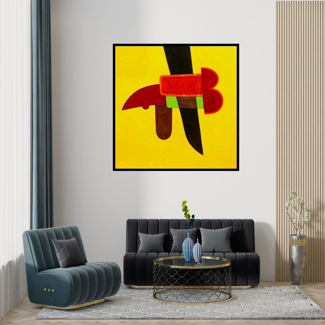 Preview of 'Untitled 8 (Golden Rhapsody: An Abstract Composition)' Painting by Bhushan Vaidhya shown on a wall in a furnished room.