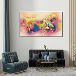 Sunil Balkawade's 'Untitled 8 (Abstract Harmony in Yellow and Pink)' painting visualized above a sofa in a contemporary room.