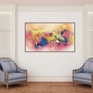 'Untitled 8 (Abstract Harmony in Yellow and Pink)' painting by Sunil Balkawade shown on a wall in a furnished room.