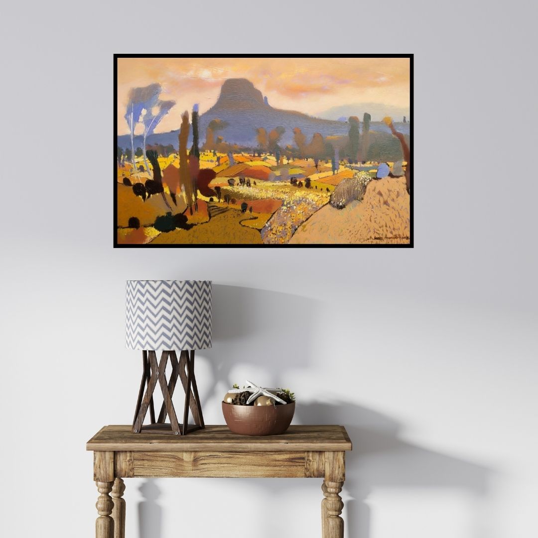 In-situ view of Hari Dhongade's 'Untitled 8 (Twilight Over the Hills)' painting in a room