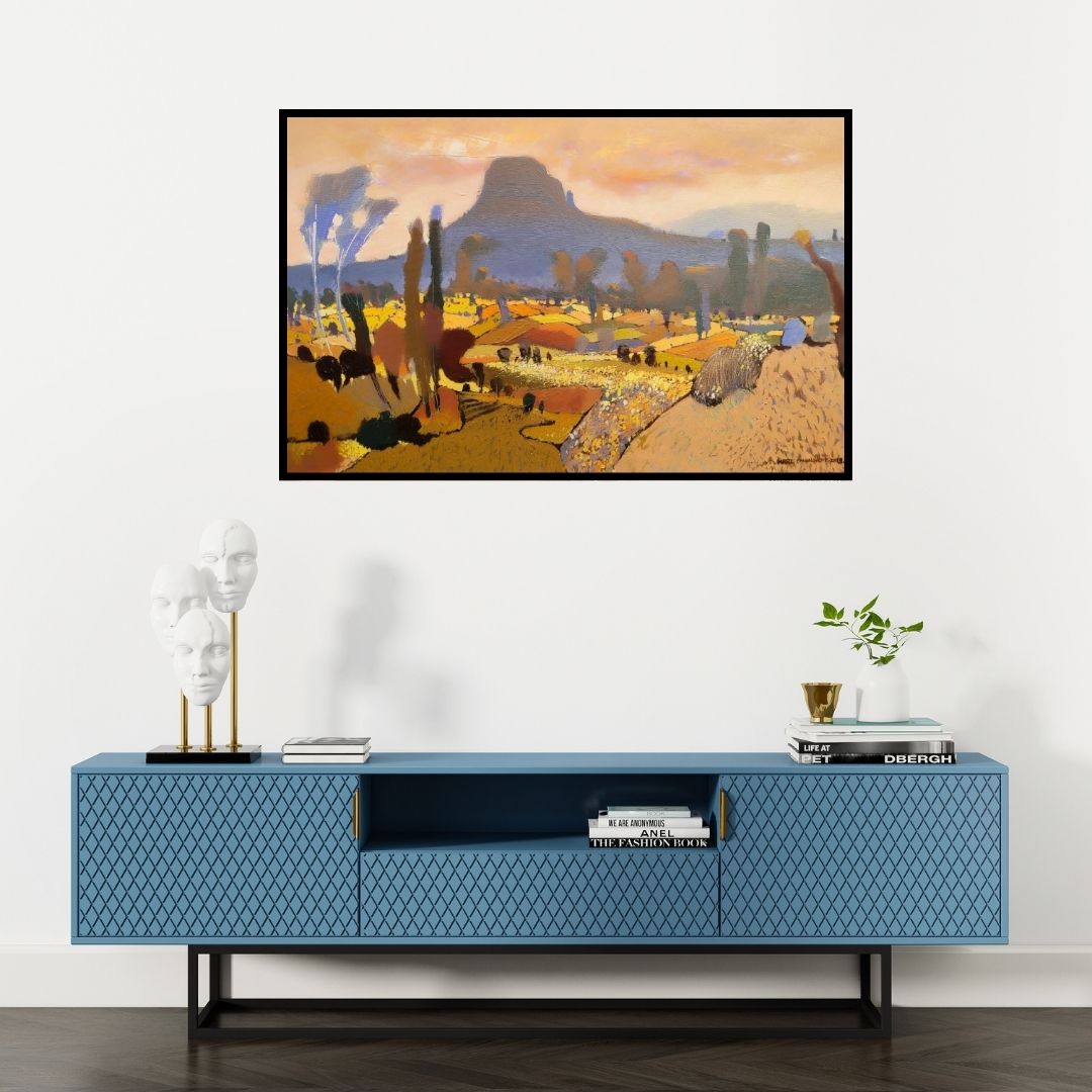 Preview of 'Untitled 8 (Twilight Over the Hills)' Painting by Hari Dhongade shown on a wall in a furnished room.