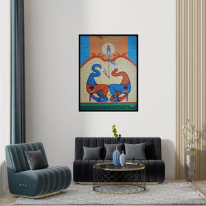 Preview of 'Untitled 8 (Cosmic Birds)' Painting by Arvind Dubey shown on a wall in a furnished room.