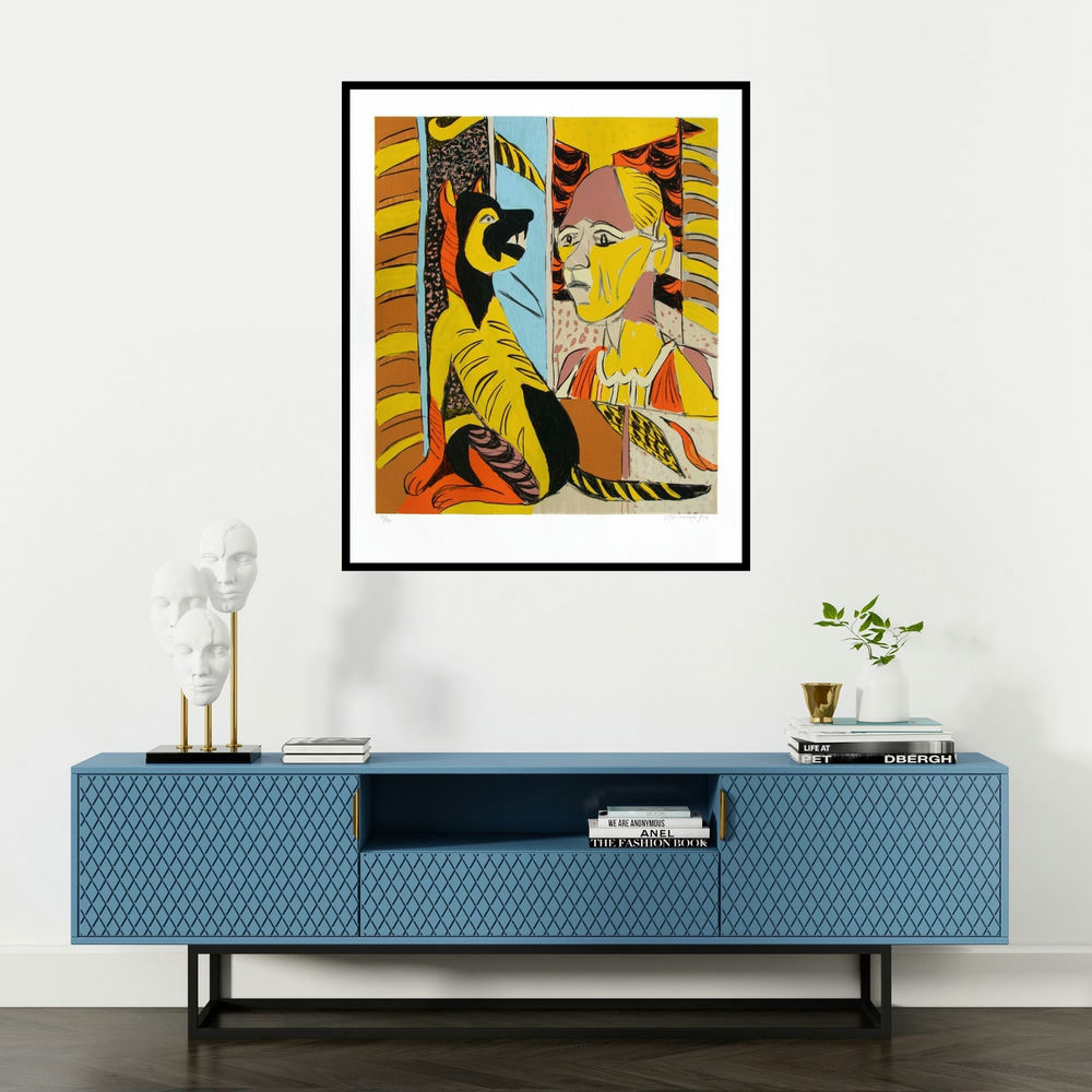 K G Subramanyan's 'Untitled 8 (Man and Dog)' painting visualized above a sofa in a contemporary room.