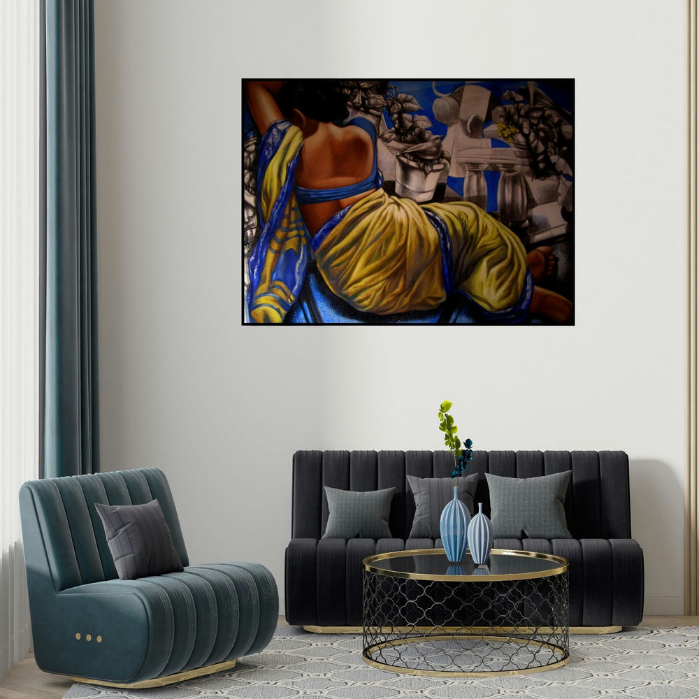 Arya Chowdhury's 'Untitled 8 (A Moment of Tranquility)' painting visualized above a sofa in a contemporary room.