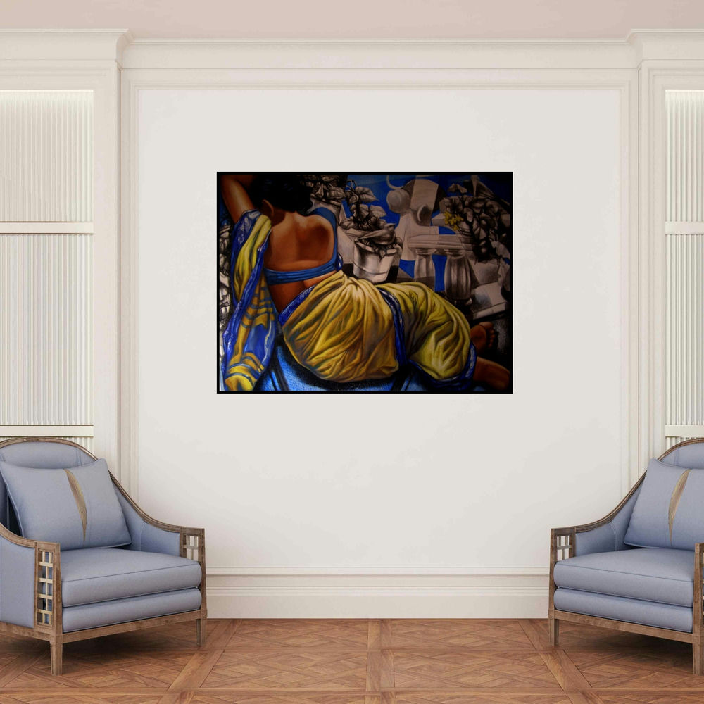 'Untitled 8 (A Moment of Tranquility)' painting by Arya Chowdhury shown on a wall in a furnished room.