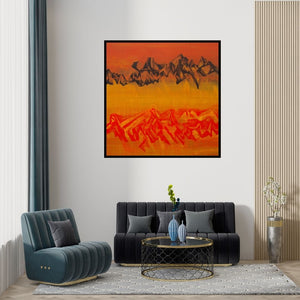 Preview of 'Untitled 8 (Crimson Peaks)' Painting by Chandan Bhowmick shown on a wall in a furnished room.