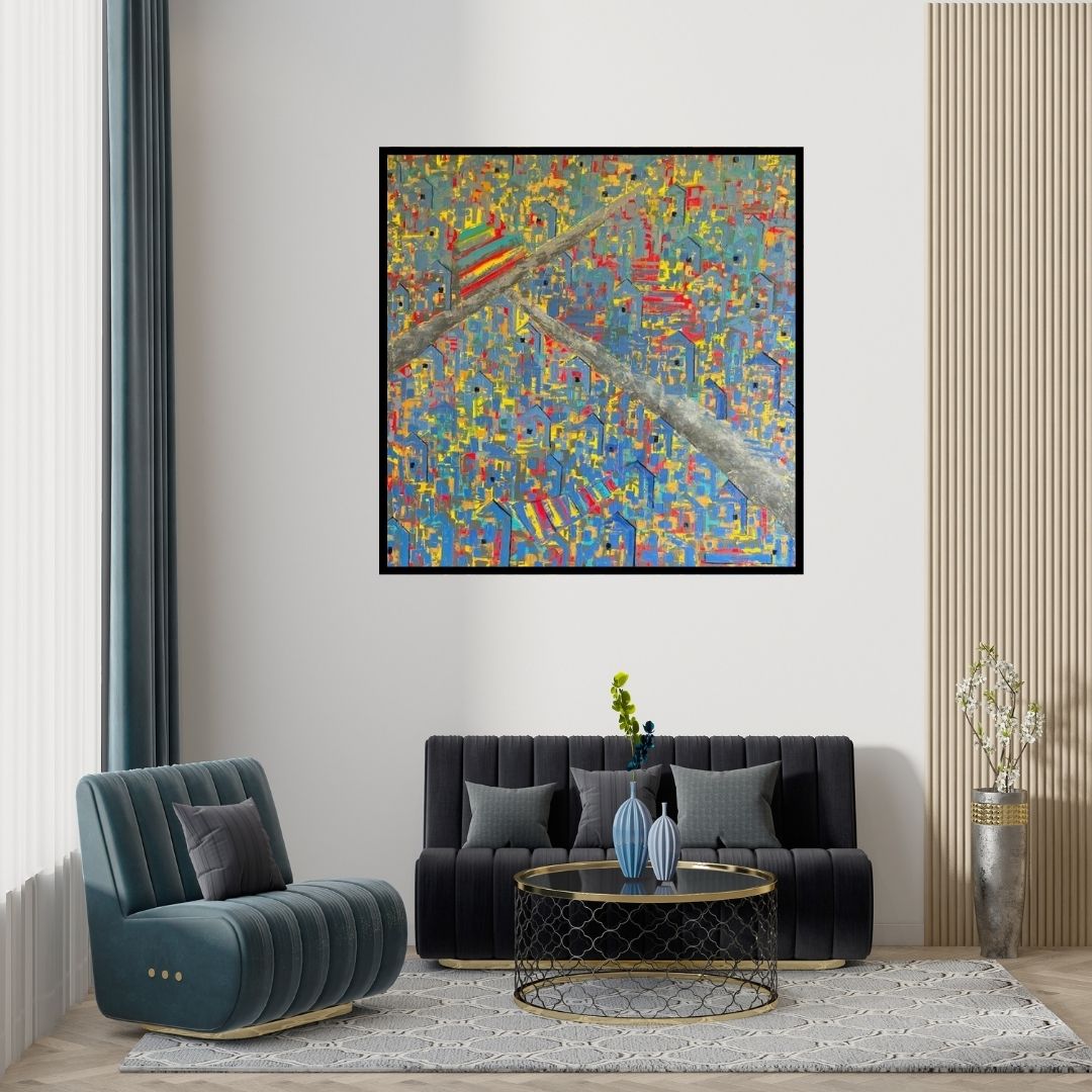 Preview of 'Untitled 8 (Urban Tapestry)' Painting by Karishma Wadhwa shown on a wall in a furnished room.